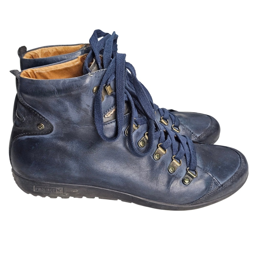 Pikolinos Navy Blue Leather Lace Up Ankle Boots Mens Size 41 Burnished High Top